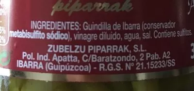 List of product ingredients Zubeldu Ibarrako piperrak  