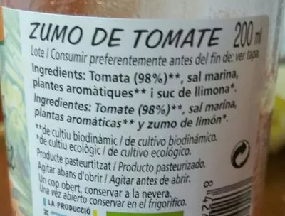 Liste des ingrédients du produit Zumo De Tomate Bio Cal Valls 240 ml