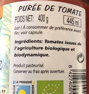 Lista de ingredientes del producto Puree de tomates Cal Valls 