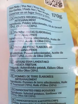 Lista de ingredientes del producto Patatas fritas artesanas sin sal Alfonso Torres 170 g