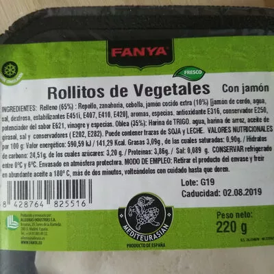 Lista de ingredientes del producto Rollitos de vegetales con jamon FANYA 220