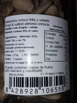 Liste des ingrédients du produit Almendra común frita y salada Les Garrigues 