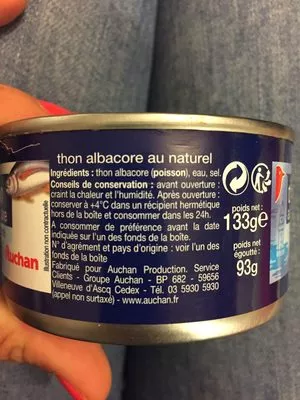 Liste des ingrédients du produit Thon Albacore au Naturel Auchan 