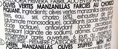 List of product ingredients Olives vertes farcies au chorizo Plaza del sol 120 g