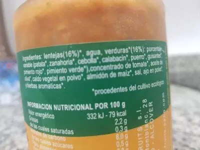 List of product ingredients Lentejas con verduras Paño naturae 