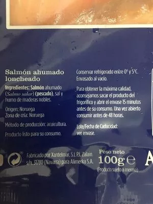 Lista de ingredientes del producto Salmón ahumado de Noruega Alimerka 100 g