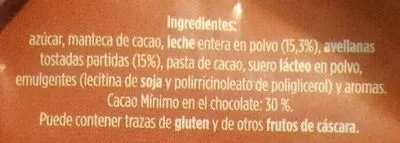 Lista de ingredientes del producto Chocolate con leche y avellanas extrafino Alimerka 150 g