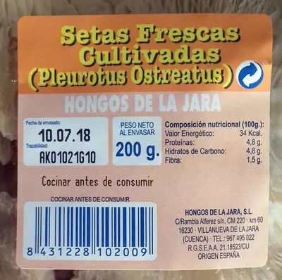 Lista de ingredientes del producto Setas Frescas Cultivadas (Pleorotus Ostreatus) Hongos de la Jara 200 g