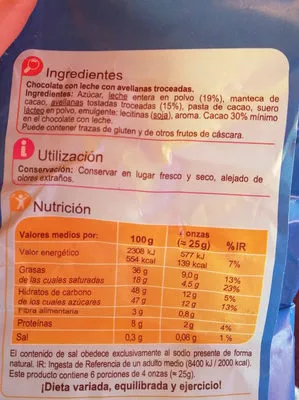 Lista de ingredientes del producto Chocolate con leche avellanas troceadas Carrefour 150 g