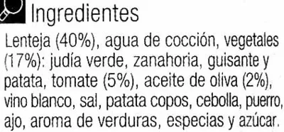 Lista de ingredientes del producto Lentejas c/verdur. Carrefour 400 g (neto)