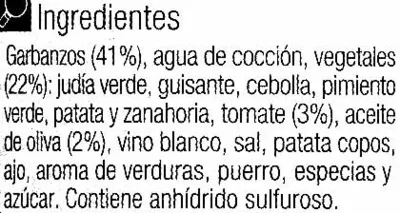 List of product ingredients Garbanzo c/verdura Carrefour 400 g (neto)