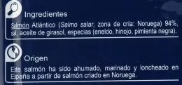 Lista de ingredientes del producto Salmón marinado Carrefour 100 g