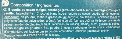 Liste des ingrédients du produit Biscuits cacaotés White & Roll Carrefour 150 g (x 4)