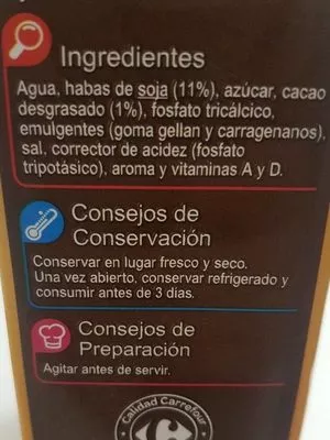 Lista de ingredientes del producto Bebida de soja calcio chocolate Carrefour 1 l