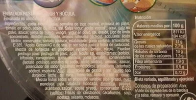 List of product ingredients Pasta y rúcula Carrefour 