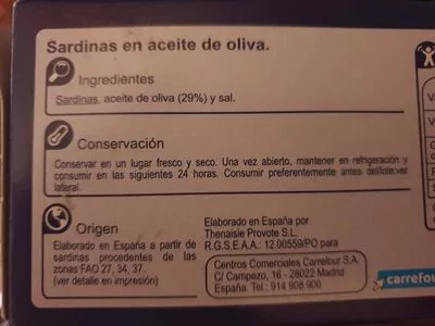 Lista de ingredientes del producto Sardina aceite oliva rr-125 Carrefour 120.0 g