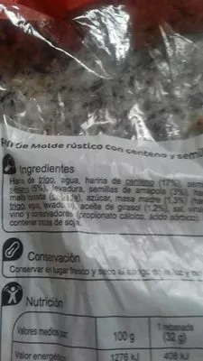 Liste des ingrédients du produit Pan de centeno y semillas Carrefour 450 g