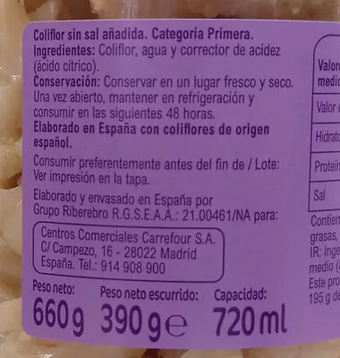 Lista de ingredientes del producto Coliflor sin sal añadida Carrefour 390 g