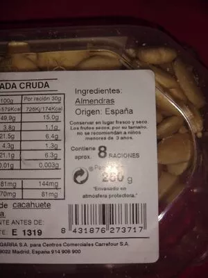 List of product ingredients Almendra repelada cruda Carrefour 250 g