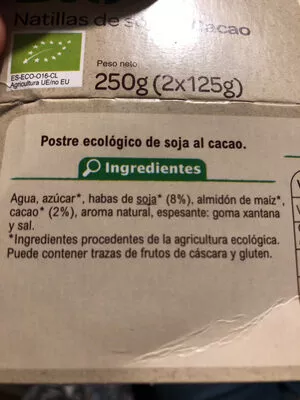 Liste des ingrédients du produit Natillas de soja al cacao Carrefour, Carrefour bio 2 x 125 g