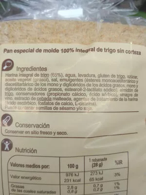 Lista de ingredientes del producto Pan de molde 100% integral sin corteza Carrefour 450 g