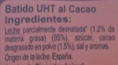List of product ingredients Batido uht at cacao 95% leche Carrefour Classic 