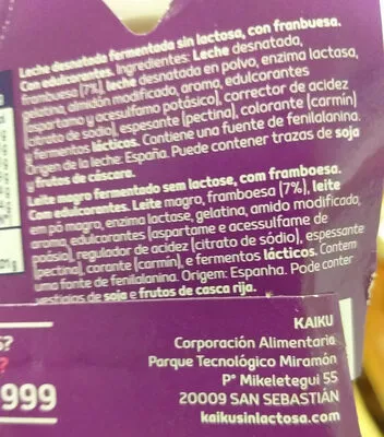 List of product ingredients Sin lactosa yogur frambuesa Kaiku 