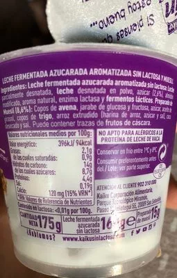 Lista de ingredientes del producto leche fermentada aromatizada sin lactosa y muesli Kaiku 175 g