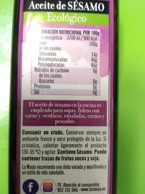 List of product ingredients Aceite de sésamo la masia 