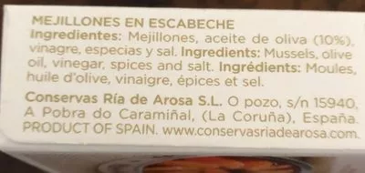 Liste des ingrédients du produit Mussels in escabecho sauce fried in olive oil Ria de Arosa 