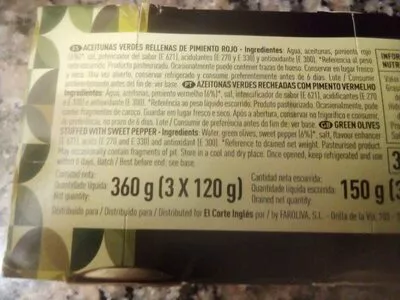 Lista de ingredientes del producto Aceitunas rellenas de pimiento pack 3 latas 50 g El Corte Inglés 3 x 50 g