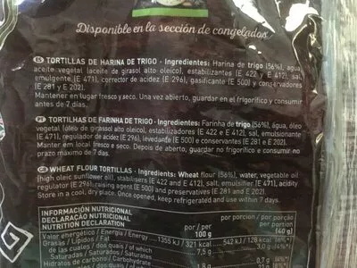 Lista de ingredientes del producto Tortillas mejicanas de trigo 8 unidades envase 320 g El Corte Inglés 