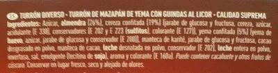 Lista de ingredientes del producto Turrón de mazapán de yema y guindas al licor El Corte Inglés 