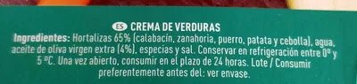 Lista de ingredientes del producto Crema de verduras con aceite de oliva virgen extra (4%) El Corte Inglés 400 ml
