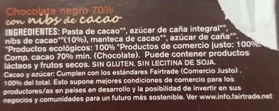 Lista de ingredientes del producto Chocolate con nibs de cacao ecológico comercio justo 70% cacao AlterNativa 