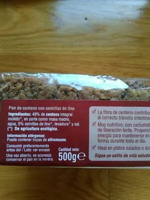Lista de ingredientes del producto Pan de centeno con semillas  de lino  500 g