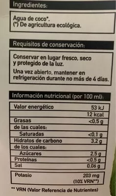 List of product ingredients 100 % agua de coco Veritas 
