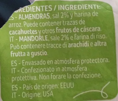 Liste des ingrédients du produit Almendras con piel tostadas y saladas Auchan 150g