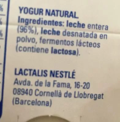 Lista de ingredientes del producto Yogur natural nutricia 