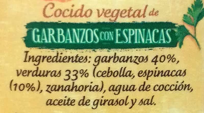 Liste des ingrédients du produit Cocido vegetal de garbanzos con espinacas Gvtarra 340 g