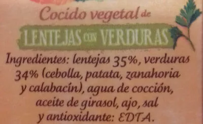 Lista de ingredientes del producto Cocido vegetal lentejas con verduras Gvtarra 340 g