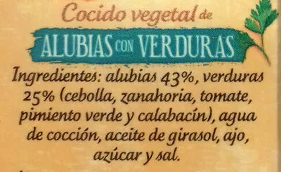 Lista de ingredientes del producto Cocido vegetal de alubia blanca con verduras Gvtarra 340 g