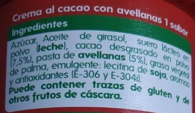 Lista de ingredientes del producto Crema al cacao con avellanas Hiper Dino 500 g