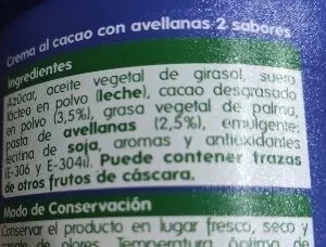 List of product ingredients Crema al cacao con avellanas (2sabores) Hiper Dino 500 g