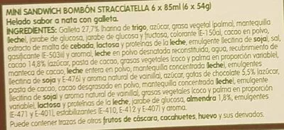 Liste des ingrédients du produit Mini sandwich bombón stracciatella Hiper Dino 