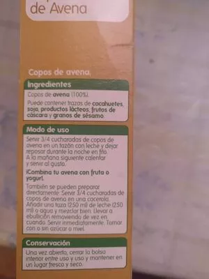 List of product ingredients Copos de avena Hiper Dino 