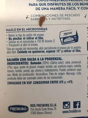 List of product ingredients Salmon con salsa a la provenzal  