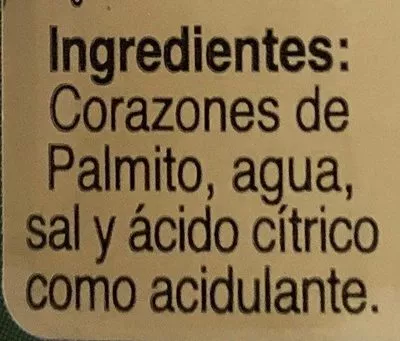 List of product ingredients Palmito al natural entero Corazon Tierno 