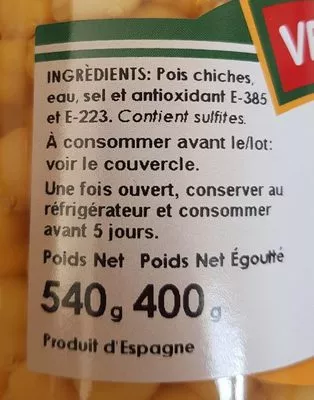 Lista de ingredientes del producto Pois chiches Vencerol 400g égoutté