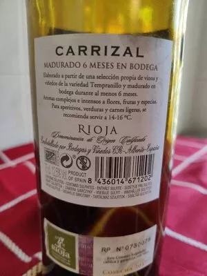 Lista de ingredientes del producto Vino do rioja carrizal tinto madurado 6 meses Carrizal 